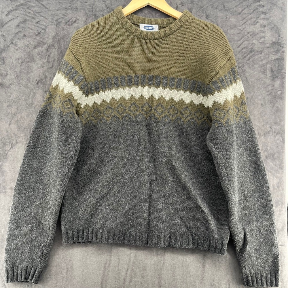 Old Navy Mens 100% Lambswool Fair Isle Crewneck Sweater Olive Grey Large